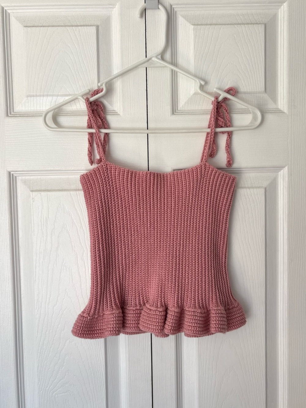 Handmade Pink Crochet Knit Tie-Strap Peplum Babydoll Tank Top